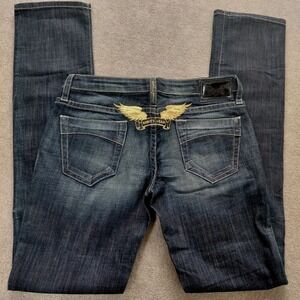 Y2K Robins Jeans Marilyn Gold Wings size 29 (30×34) Dark Wash Blue Jeans Womens